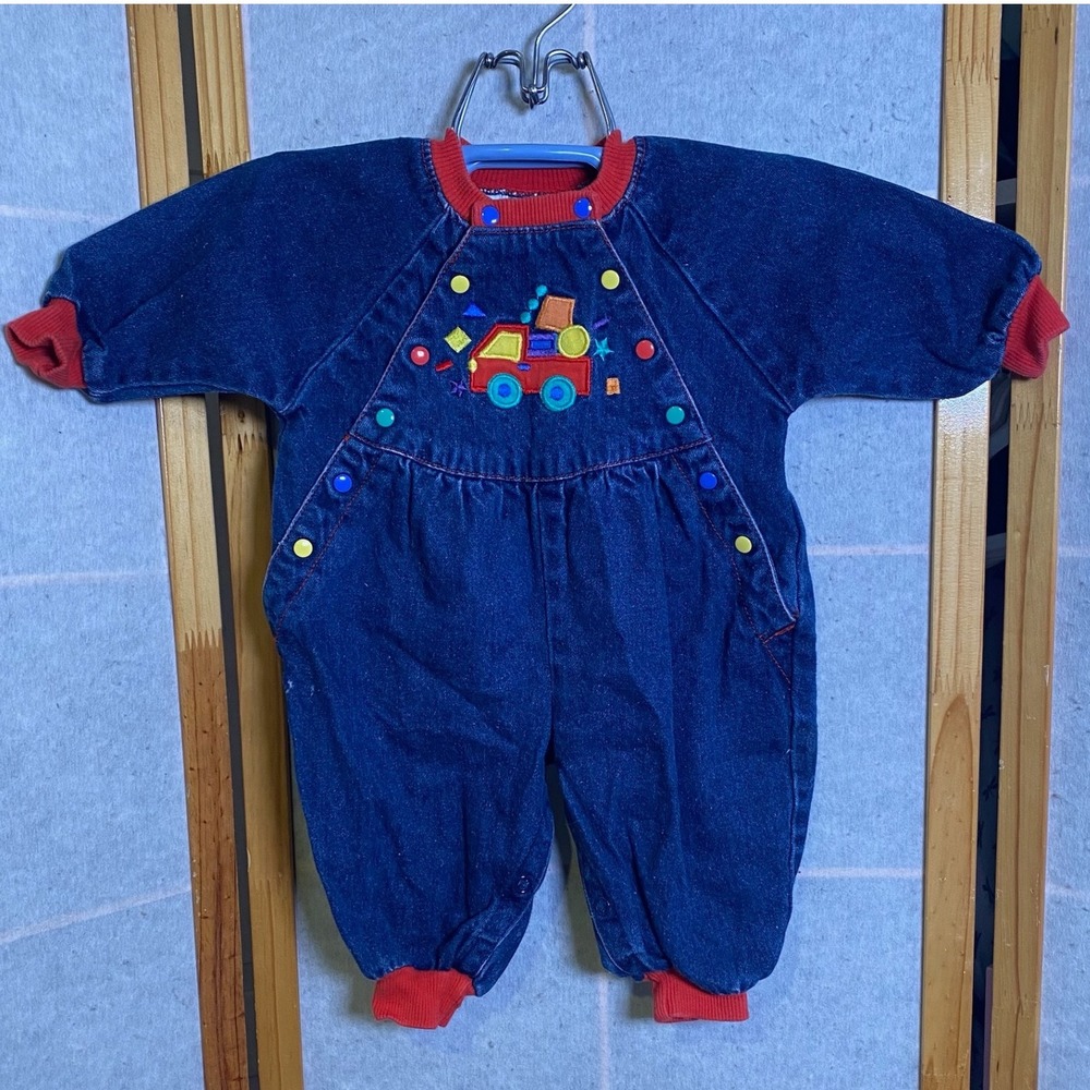 Vintage Jet Set Babies Denim Romper 6M Blue Truck Embroidery‎ Red Trim 90s Retro